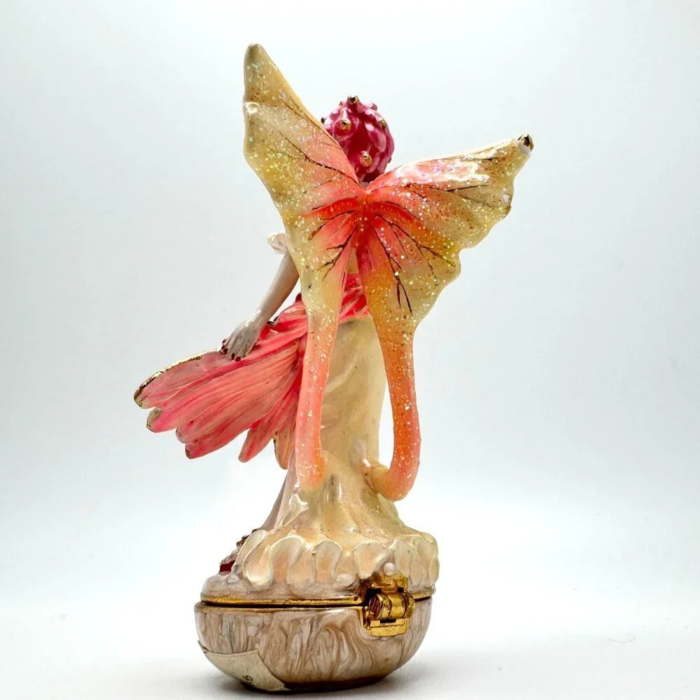 Flamingo Fairy Trinket Box Yellow Wings  Rhinestone Accents Enamel Metal #2